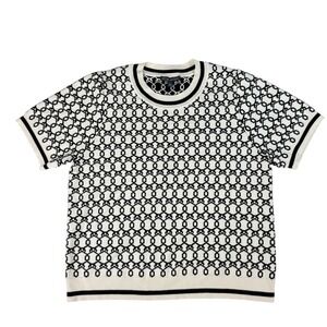 Adrianna Papell Women Large Sweater Black Cream Chain Link Knit Short Sleeve Top